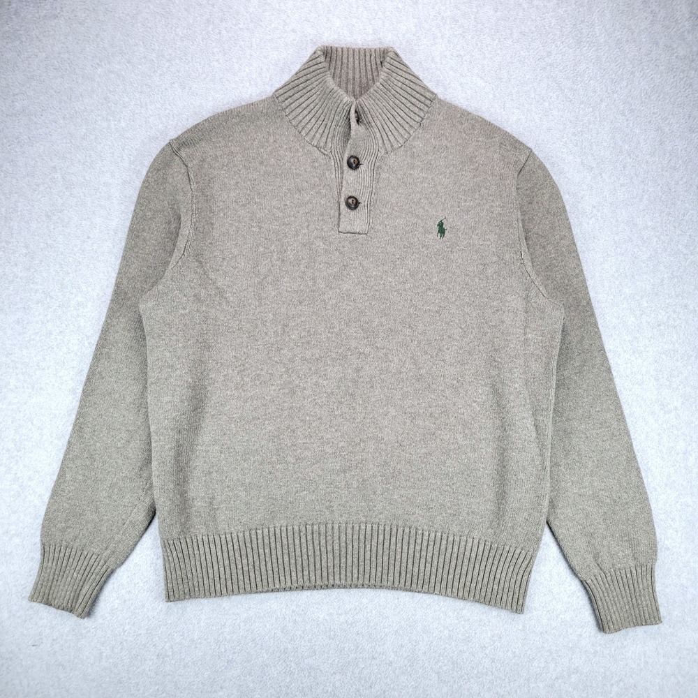 Polo Ralph Lauren Mock Neck Sweater Boys XL Gray Button Cotton Knit Pony Logo